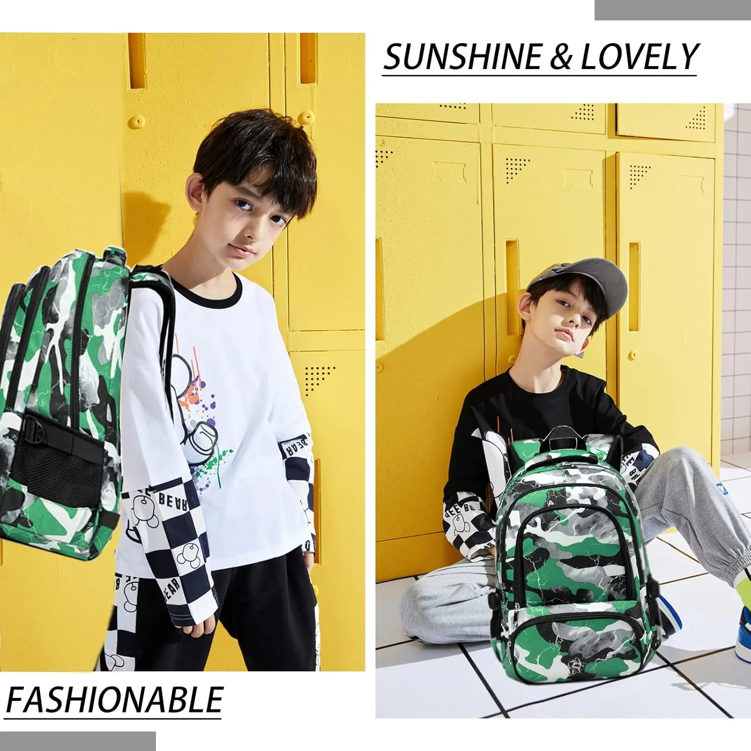 BLUEFAIRY Kids Backpack for Boys and Girls Elementary School Bags Primary Middle School Bookbags for Teens Back to School Gifts for Son 17" Mochila Escolares para Niños de 8 9 10 Camo Green
