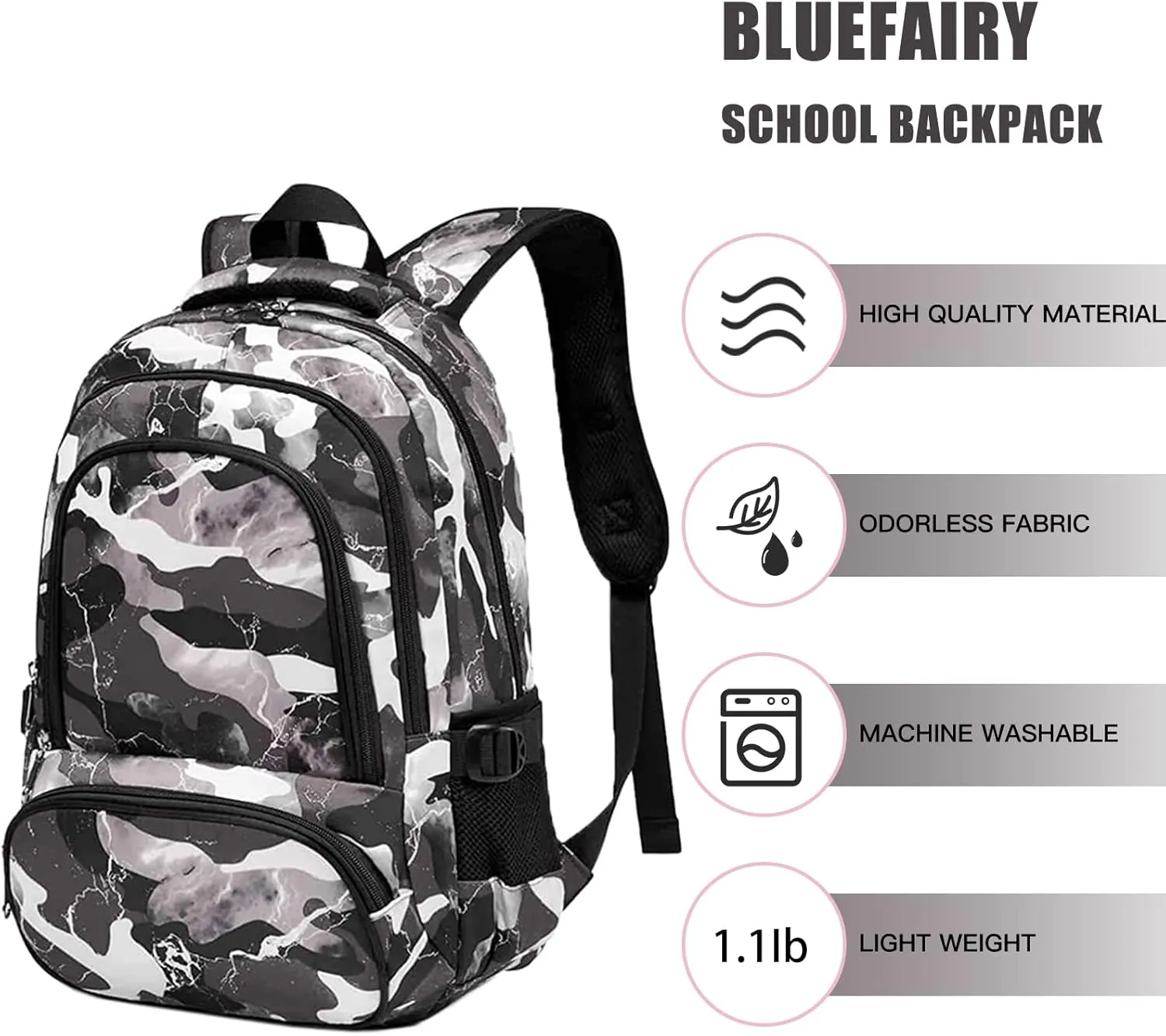 BLUEFAIRY Kids Backpack for Boys Elementary School Bags Primary Middle School Bookbags for Teens Back to School Gifts for Childs Mochila Escolares para Niños 17 Inch Aged 6-8 Camo Grey
