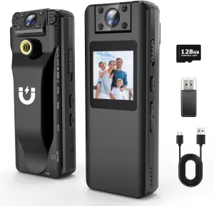 Body Camera with Audio and Video Recording, 128GB Mini Body Cam with 180° Rotating Lens, 10HR Battery & Night Vision, HD 1080P Wearable Bodycam for Law Enforcement, Hiking and Outdoor Sports
