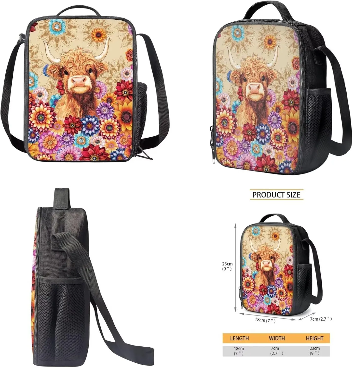 Boho Mandala Highland Cow Print 3 PCS Backpack Set for Girls Boys Kids Large Capacity Student Schoolbags Bookbag with Cooler Lunch Box Pencil Case