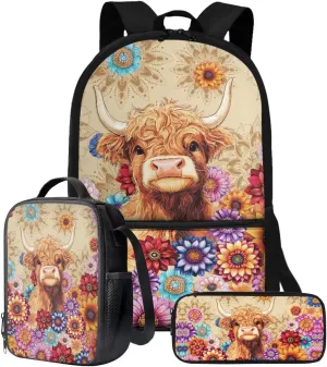 Boho Mandala Highland Cow Print 3 PCS Backpack Set for Girls Boys Kids Large Capacity Student Schoolbags Bookbag with Cooler Lunch Box Pencil Case