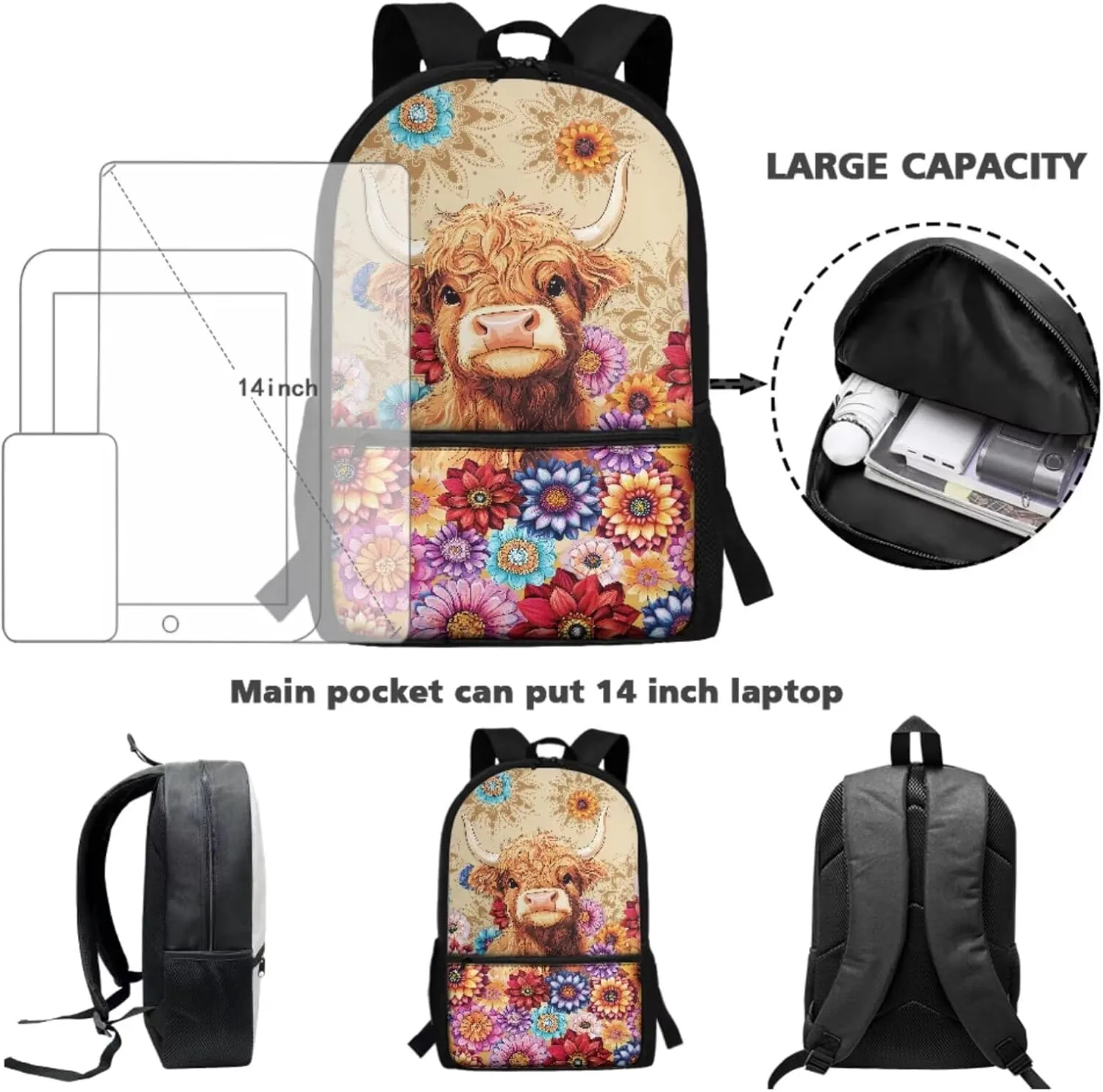 Boho Mandala Highland Cow Print 3 PCS Backpack Set for Girls Boys Kids Large Capacity Student Schoolbags Bookbag with Cooler Lunch Box Pencil Case