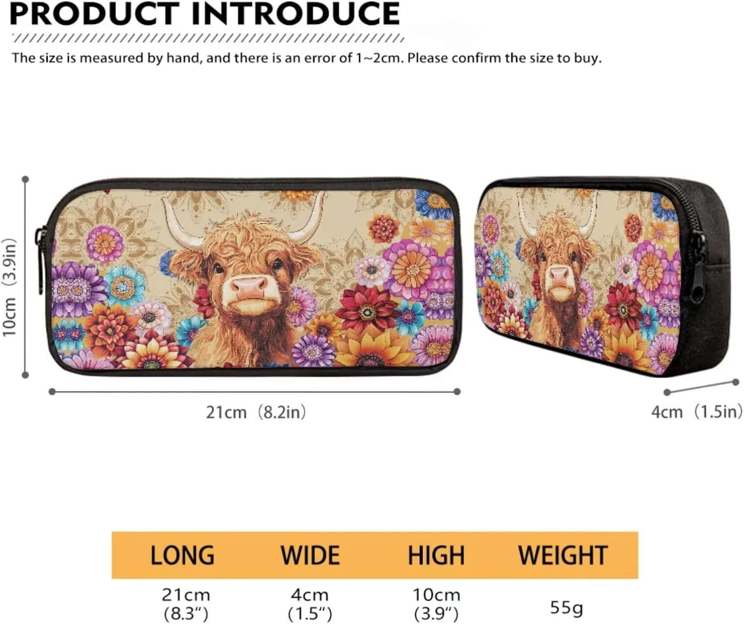 Boho Mandala Highland Cow Print 3 PCS Backpack Set for Girls Boys Kids Large Capacity Student Schoolbags Bookbag with Cooler Lunch Box Pencil Case