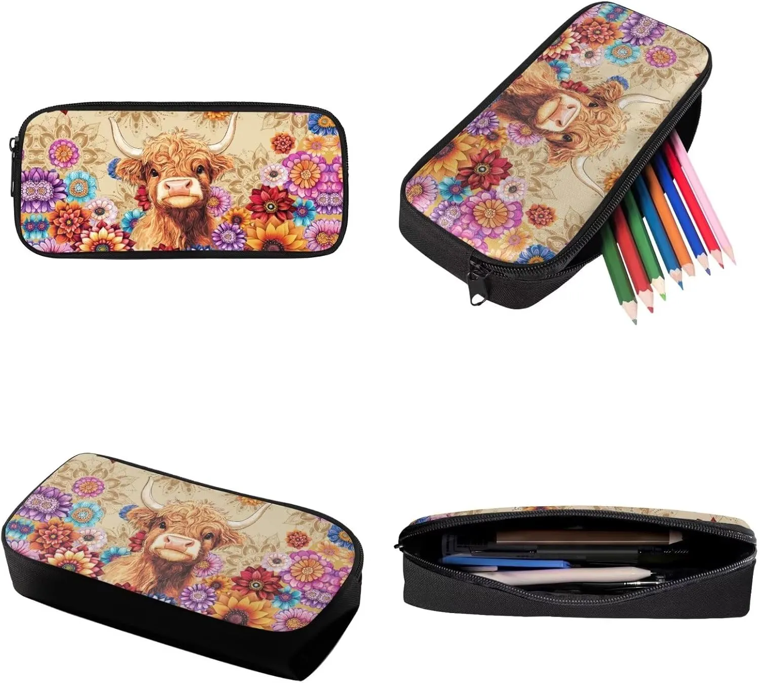 Boho Mandala Highland Cow Print 3 PCS Backpack Set for Girls Boys Kids Large Capacity Student Schoolbags Bookbag with Cooler Lunch Box Pencil Case