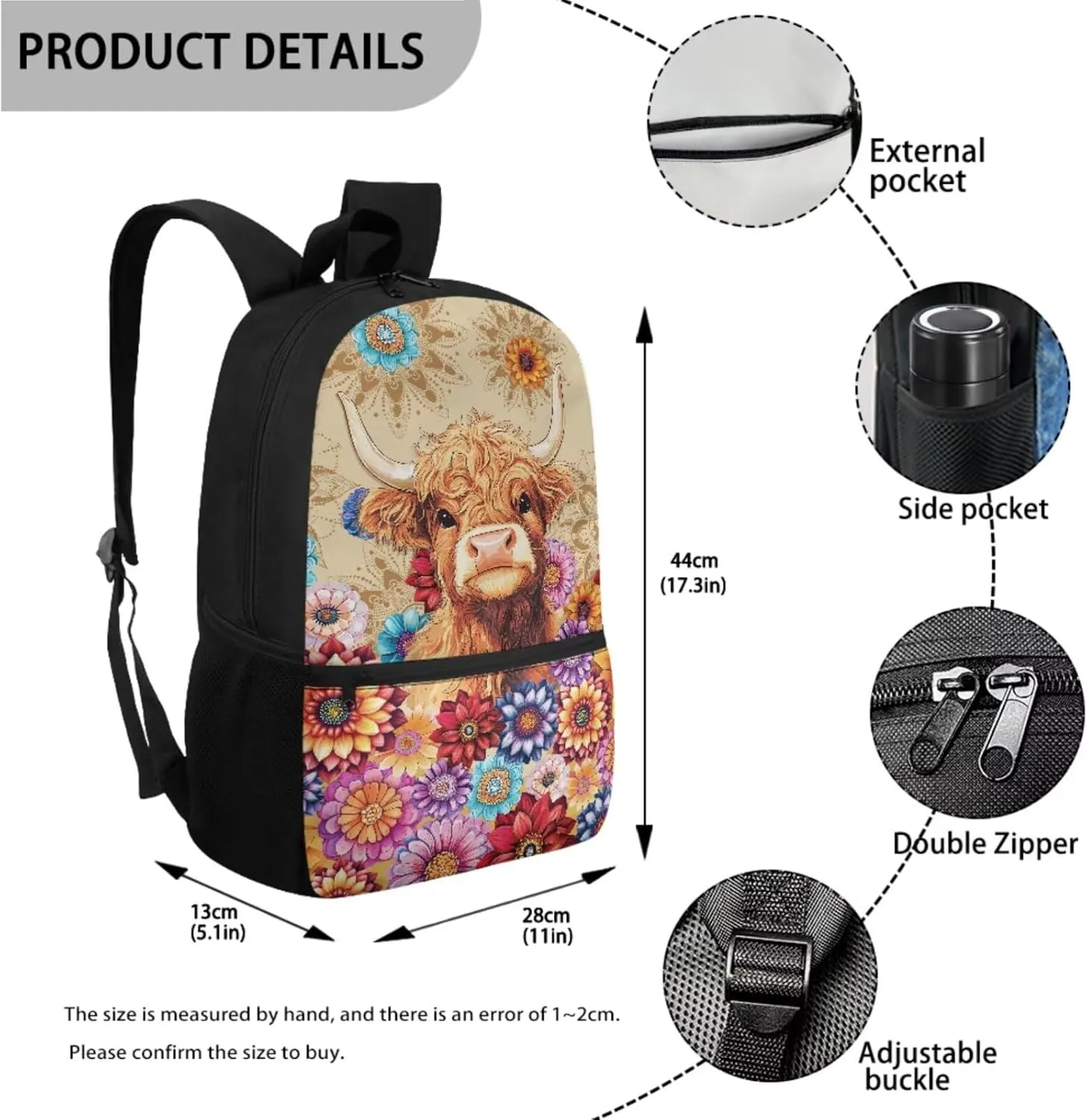 Boho Mandala Highland Cow Print 3 PCS Backpack Set for Girls Boys Kids Large Capacity Student Schoolbags Bookbag with Cooler Lunch Box Pencil Case