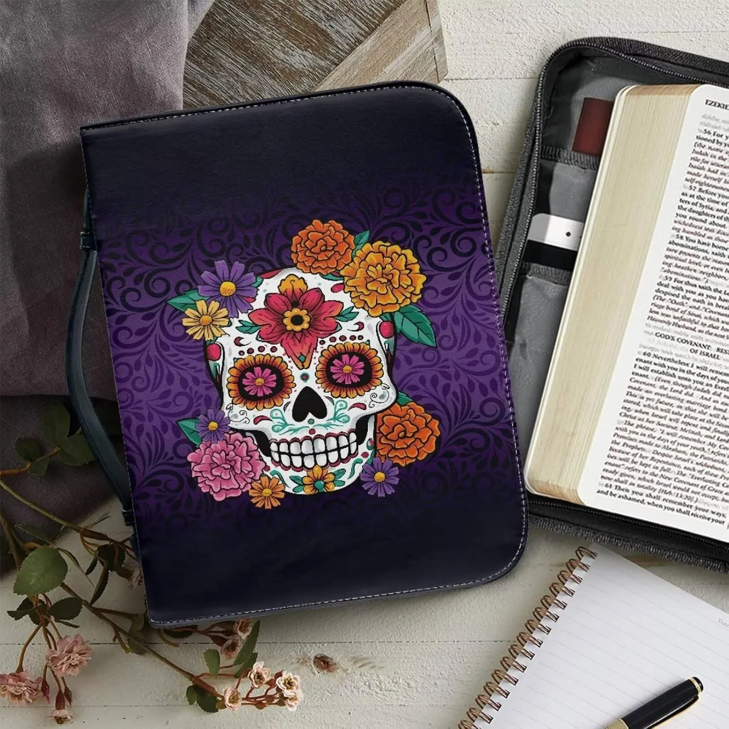 Book Case with Handle Leather Bible Covers for Women Girls Soft Church Bag for Worship,Outings,Travels Protective Book Cover Fits for Standard Size Bible,Hippie Flower Skull