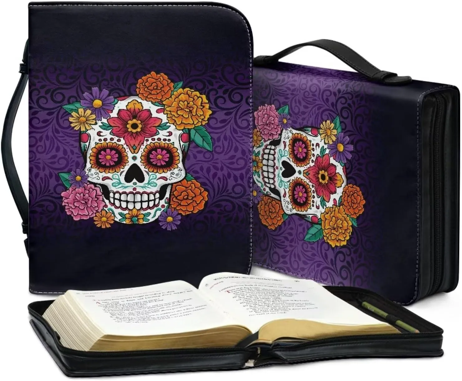 Book Case with Handle Leather Bible Covers for Women Girls Soft Church Bag for Worship,Outings,Travels Protective Book Cover Fits for Standard Size Bible,Hippie Flower Skull