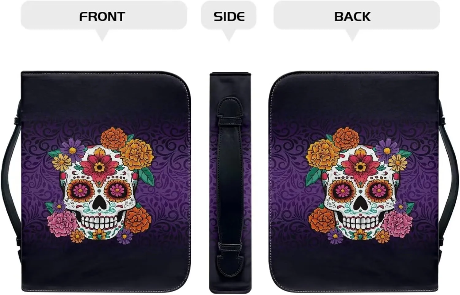 Book Case with Handle Leather Bible Covers for Women Girls Soft Church Bag for Worship,Outings,Travels Protective Book Cover Fits for Standard Size Bible,Hippie Flower Skull