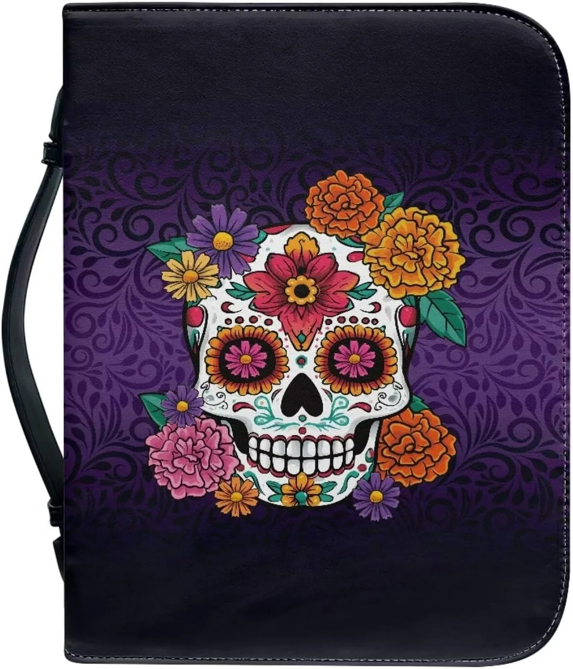 Book Case with Handle Leather Bible Covers for Women Girls Soft Church Bag for Worship,Outings,Travels Protective Book Cover Fits for Standard Size Bible,Hippie Flower Skull