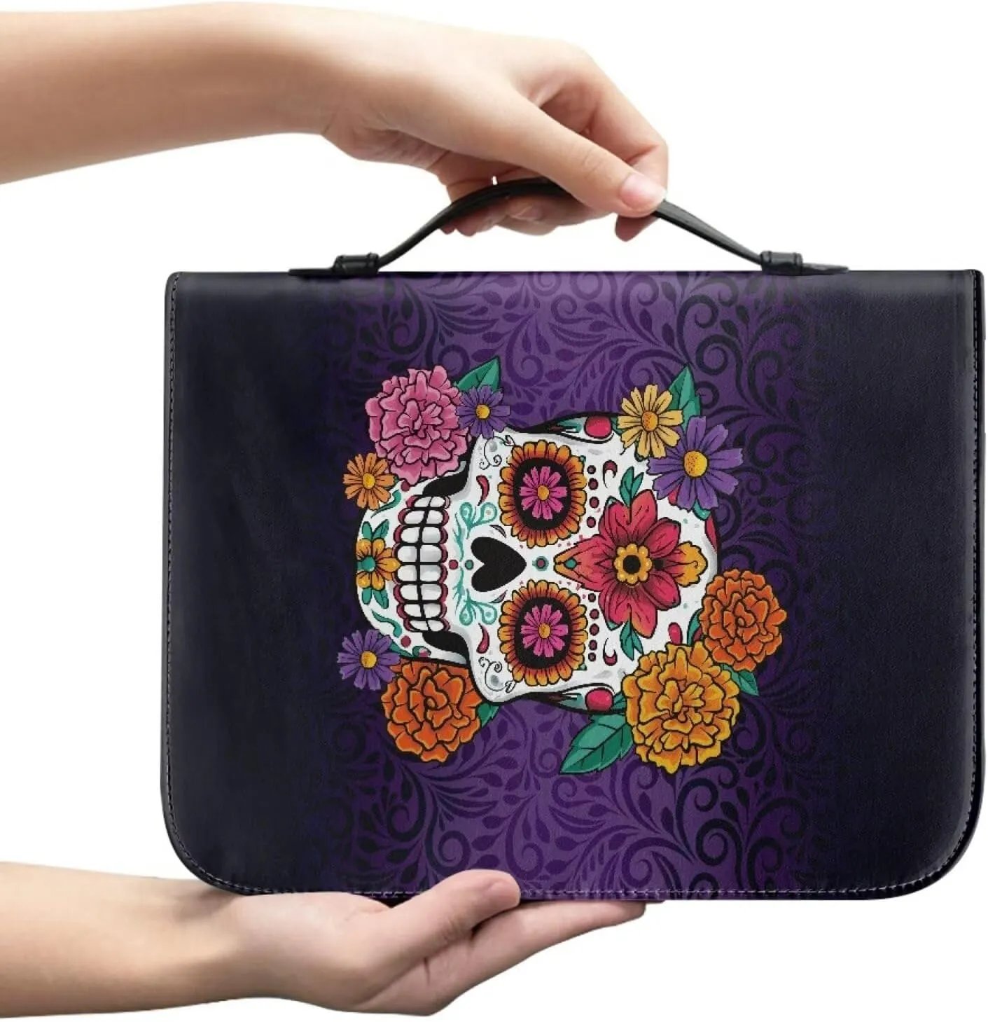 Book Case with Handle Leather Bible Covers for Women Girls Soft Church Bag for Worship,Outings,Travels Protective Book Cover Fits for Standard Size Bible,Hippie Flower Skull