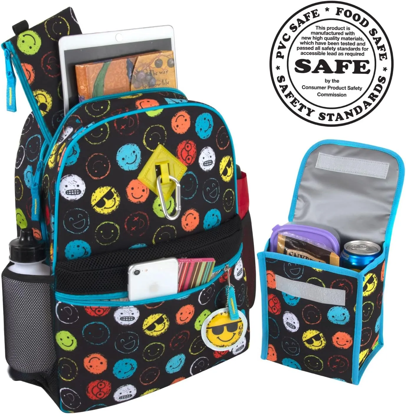 Boys 6 in 1 School Backpack Set with Lunch Box, Pencil Case, and Water Bottle Attached for Kids Kindergarten, Elementary, and Middle School with Fun Fidget Sensory Toy Keychain (Silly Smileys)