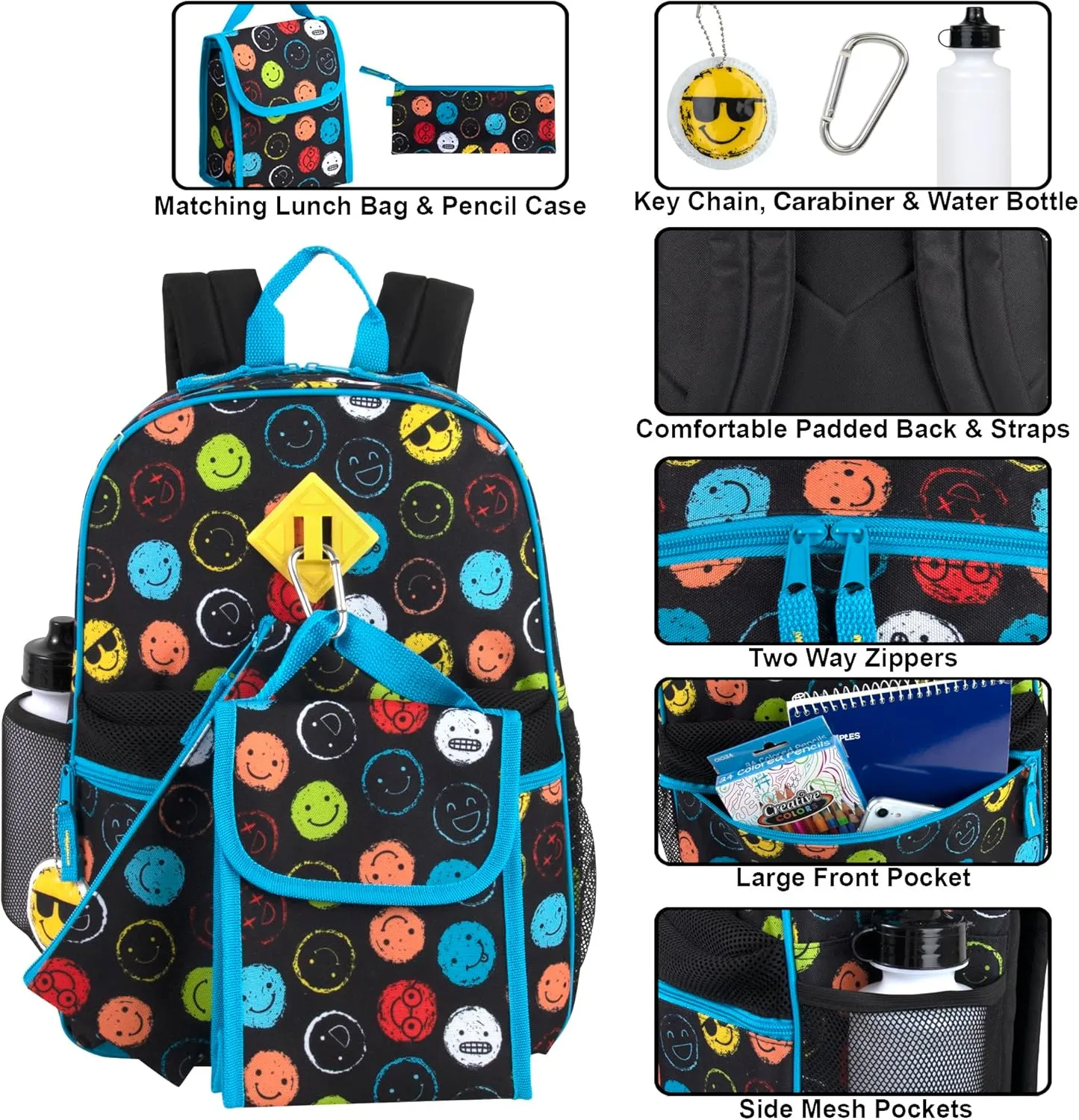 Boys 6 in 1 School Backpack Set with Lunch Box, Pencil Case, and Water Bottle Attached for Kids Kindergarten, Elementary, and Middle School with Fun Fidget Sensory Toy Keychain (Silly Smileys)