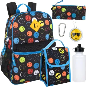 Boys 6 in 1 School Backpack Set with Lunch Box, Pencil Case, and Water Bottle Attached for Kids Kindergarten, Elementary, and Middle School with Fun Fidget Sensory Toy Keychain (Silly Smileys)