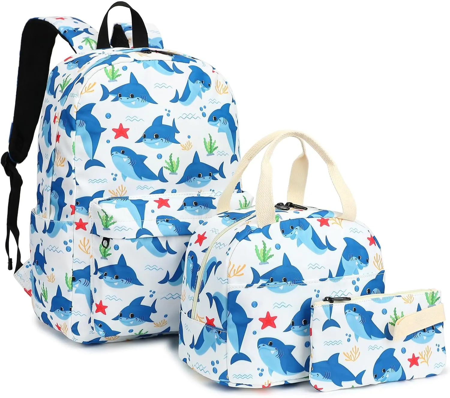 Boys Backpack for School, Kids Elementary School Bag Teens Middle Bookbag Set with Lunch Box Pencil Case (Shark)