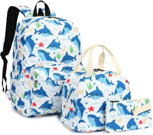 Boys Backpack for School, Kids Elementary School Bag Teens Middle Bookbag Set with Lunch Box Pencil Case (Shark)