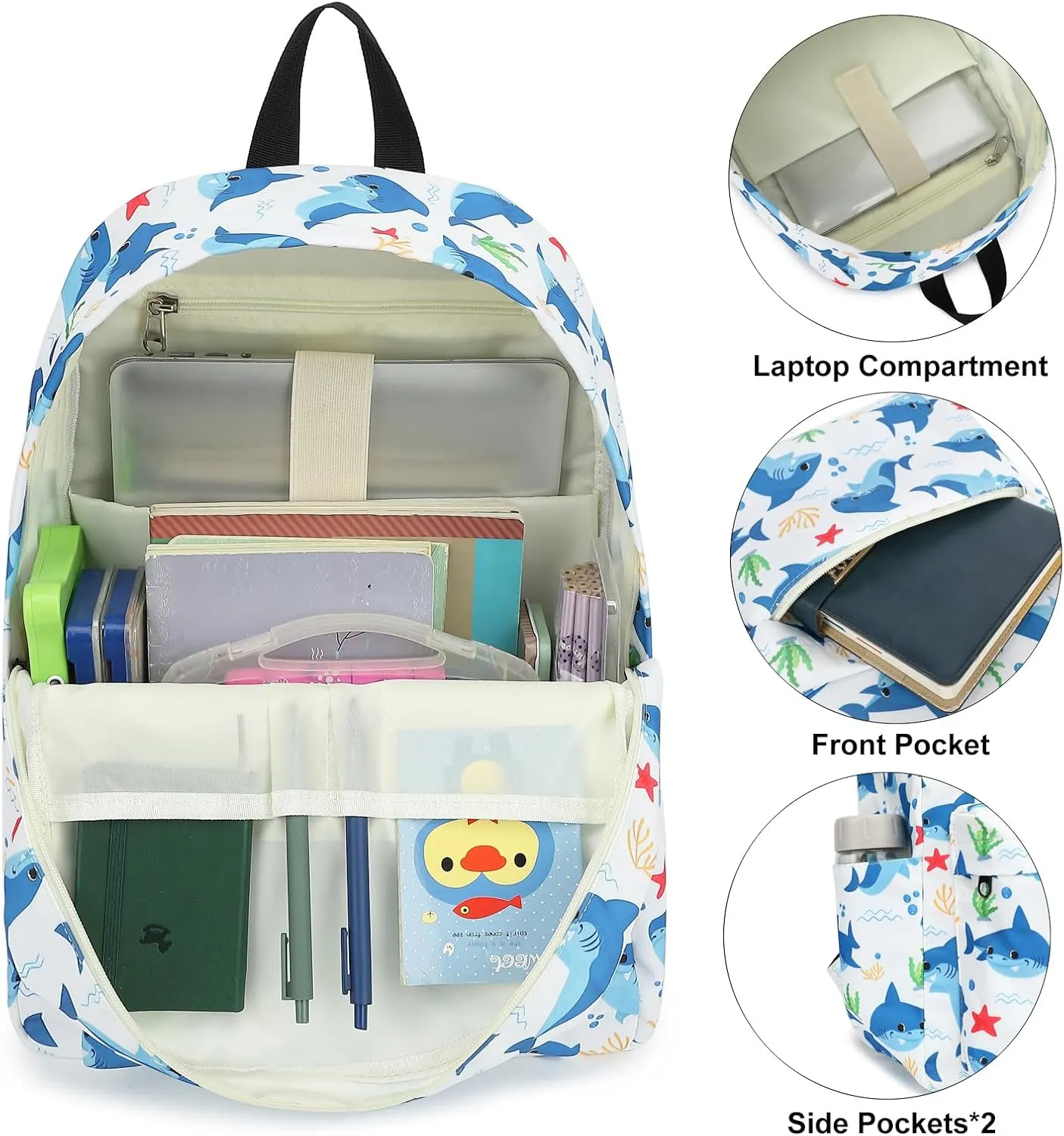 Boys Backpack for School, Kids Elementary School Bag Teens Middle Bookbag Set with Lunch Box Pencil Case (Shark)