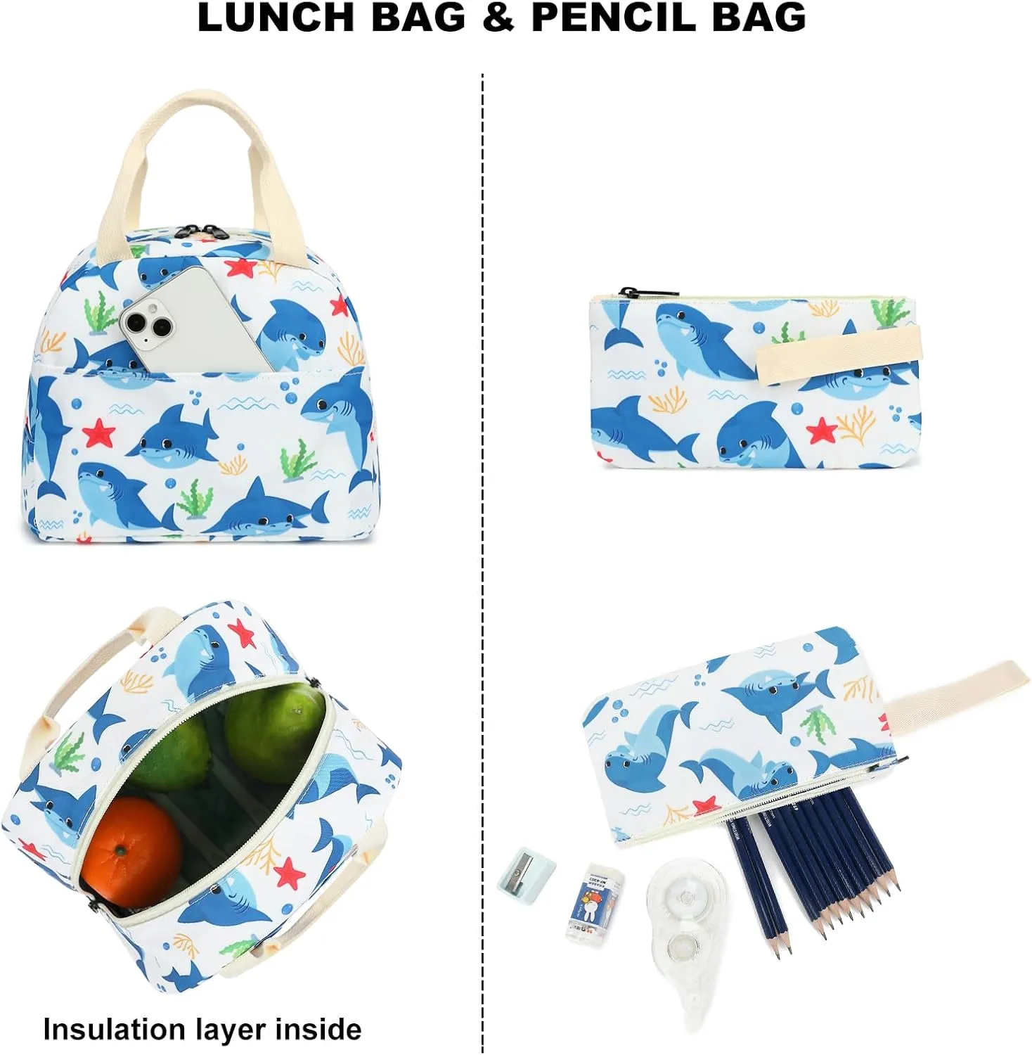 Boys Backpack for School, Kids Elementary School Bag Teens Middle Bookbag Set with Lunch Box Pencil Case (Shark)