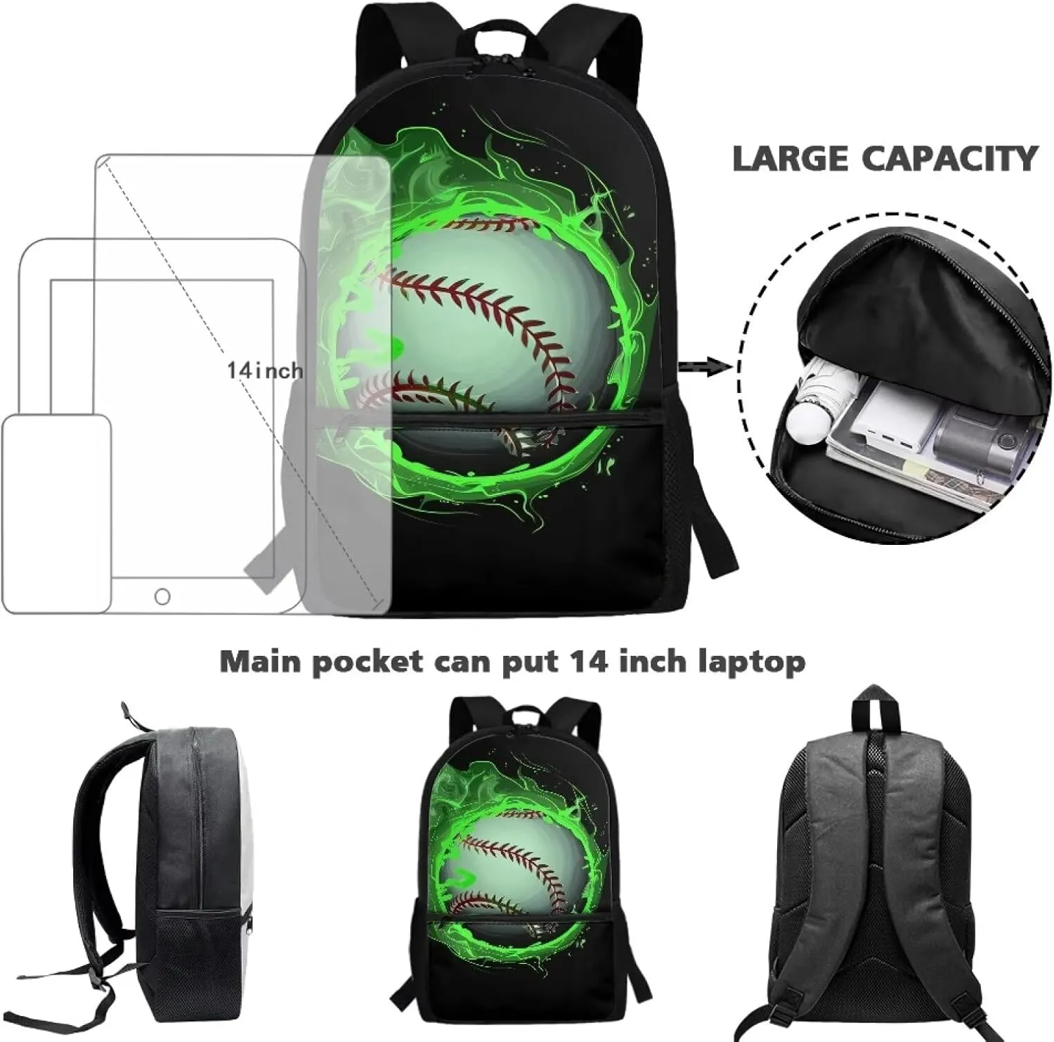 Boys Baseball Backpack for School 8-12 Kids School Bag Travel Laptop Bags for Middle High School Water Resistant Schoolbag Back to School Supplies for Kid Teen 17 Inch School Bookbag