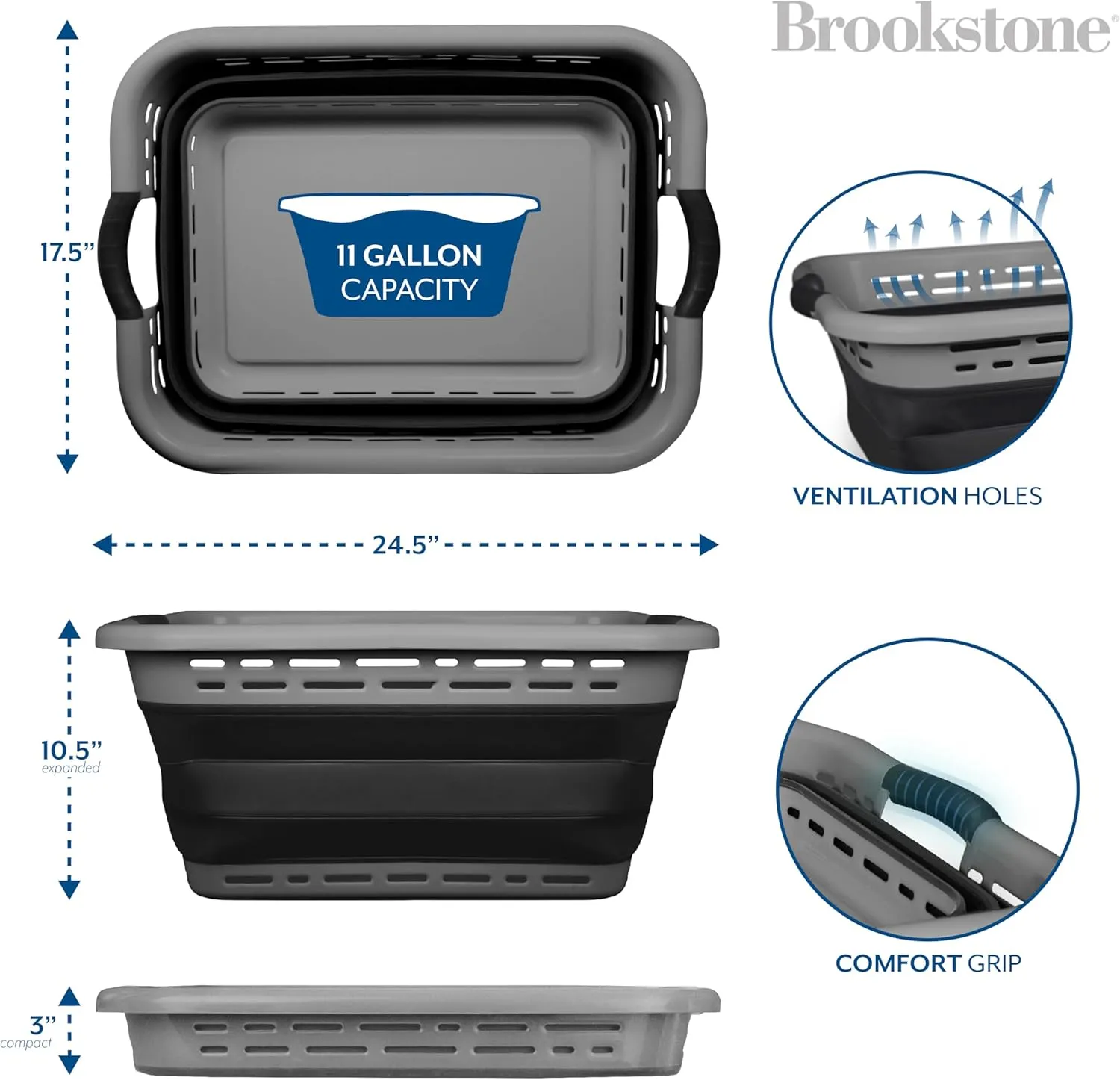 BROOKSTONE, 1 UNIT, 11 GALLONS - [OUR LARGEST BASKET EVER] 24" Collapsible Laundry Basket, Comfort Non-Slip Grip Handles, Minimalist Space Saving Design, Portable Pop-Up Hamper, [BPA FREE]