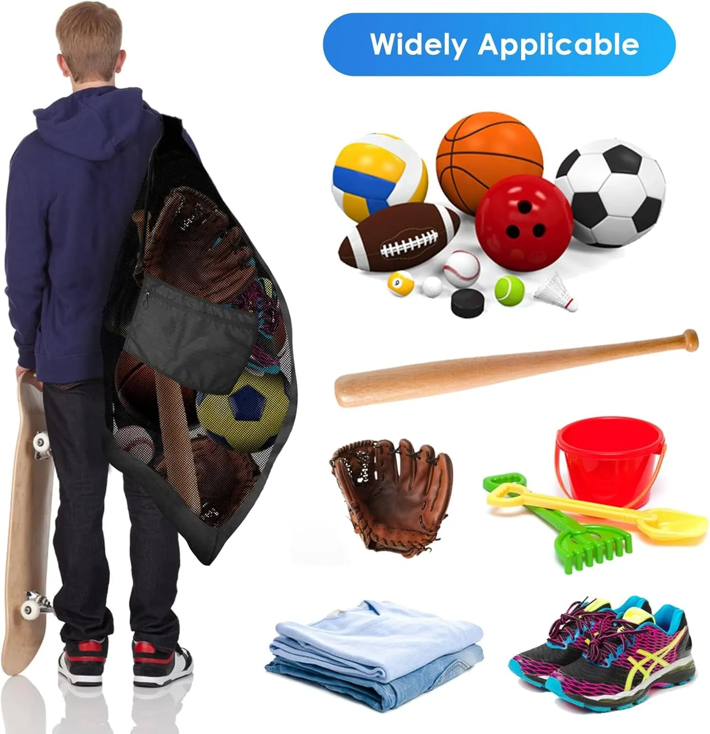 BROTOU 40" x 30" Extra Large Sports Ball Bag, Upgrade Thicken Ball Bags for Coaches, Adjustable Shoulder Strap and Hanging Ears with Handle, Mesh Bag for Basketball, Volleyball, Swimming Gear
