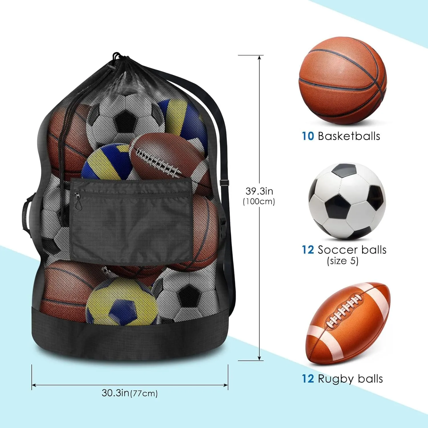 BROTOU 40" x 30" Extra Large Sports Ball Bag, Upgrade Thicken Ball Bags for Coaches, Adjustable Shoulder Strap and Hanging Ears with Handle, Mesh Bag for Basketball, Volleyball, Swimming Gear