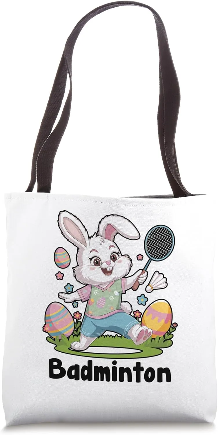 Bunny Playing Badminton Easter Day Egg Chocolate Hunting Tote Bag