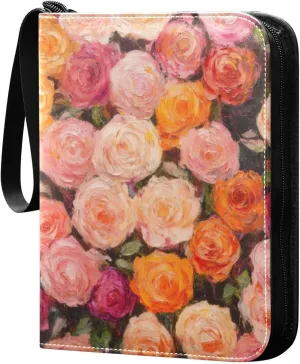 Burbuja Valentine Roses Oil Painting Card Binder, 4 Pockets Trading Card Binder, Portable Card Albums Fits 400 Cards with 50 Removable Sleeves for Sport Cards Game Cards
