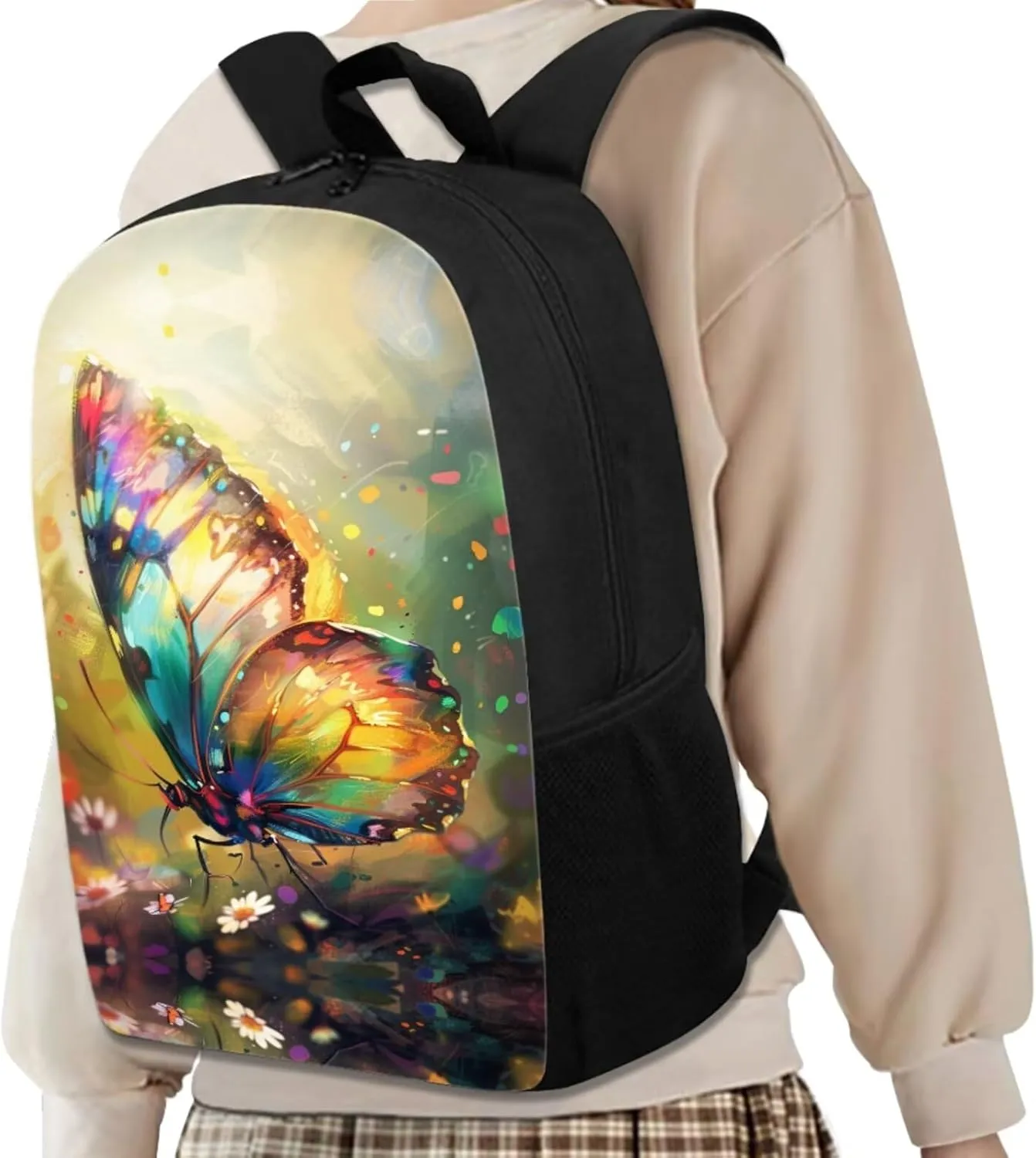 Butterfly Girls Bookbag with Lunch Box 6 to 14 Years Old Multi-Pockets Teenage Girl Backpack 13-15 Reusable Leakproof Lunch Box for Junior Middle School