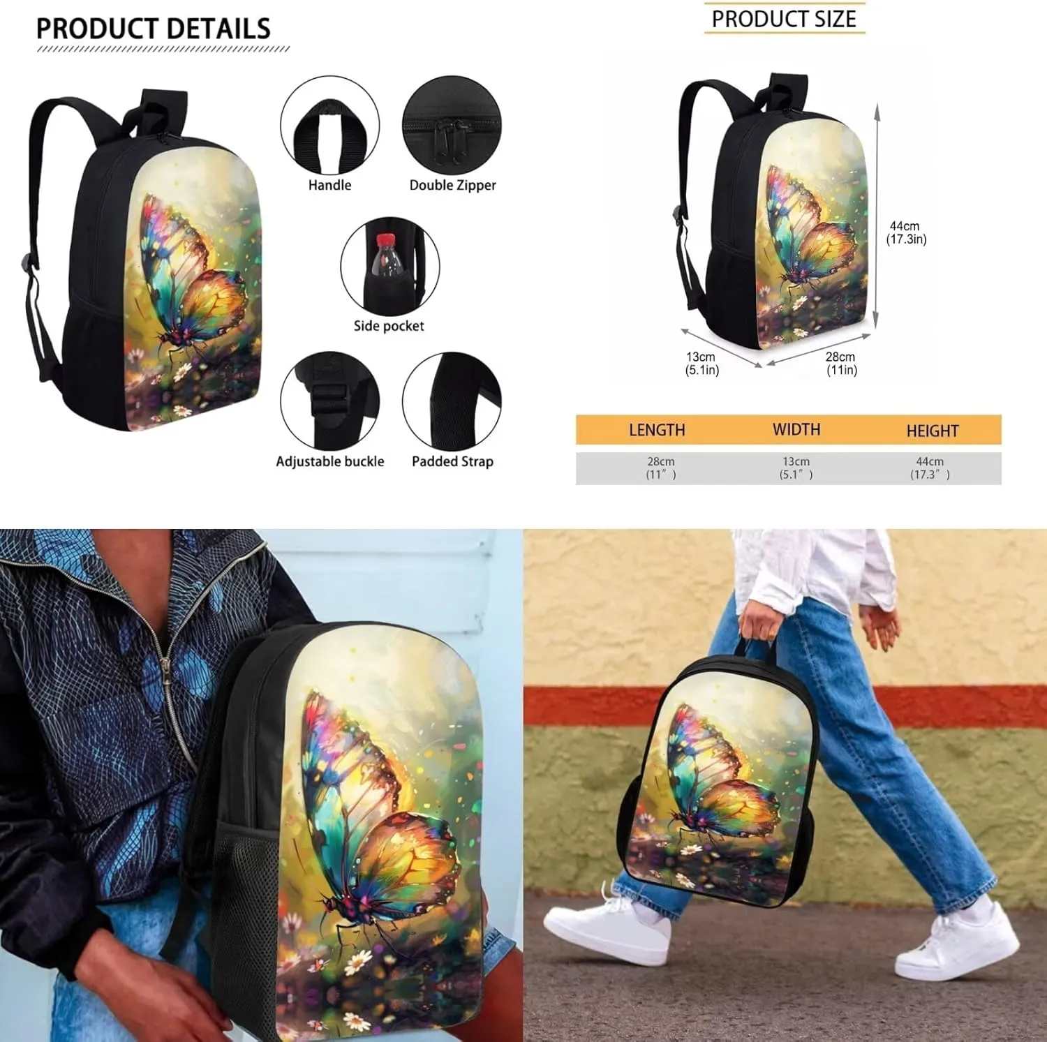 Butterfly Girls Bookbag with Lunch Box 6 to 14 Years Old Multi-Pockets Teenage Girl Backpack 13-15 Reusable Leakproof Lunch Box for Junior Middle School