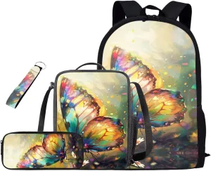 Butterfly Girls Bookbag with Lunch Box 6 to 14 Years Old Multi-Pockets Teenage Girl Backpack 13-15 Reusable Leakproof Lunch Box for Junior Middle School