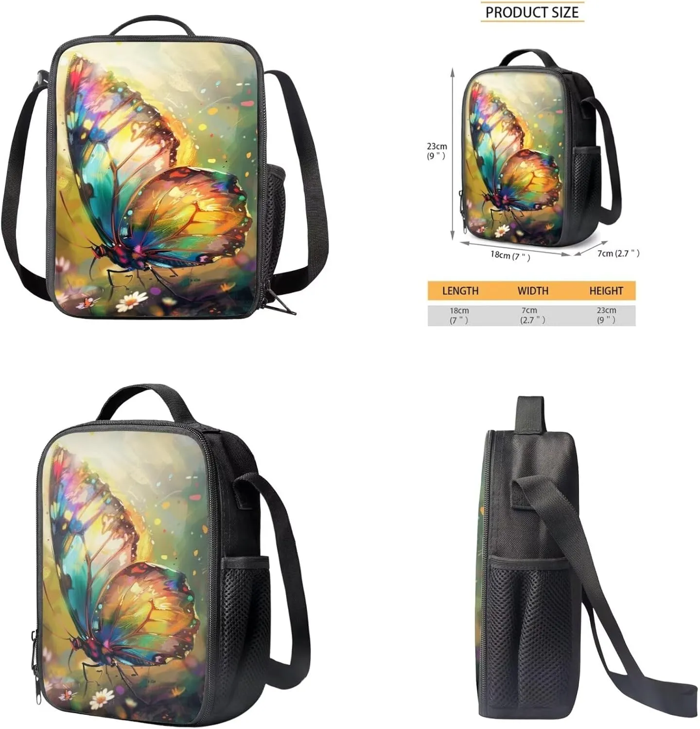 Butterfly Girls Bookbag with Lunch Box 6 to 14 Years Old Multi-Pockets Teenage Girl Backpack 13-15 Reusable Leakproof Lunch Box for Junior Middle School