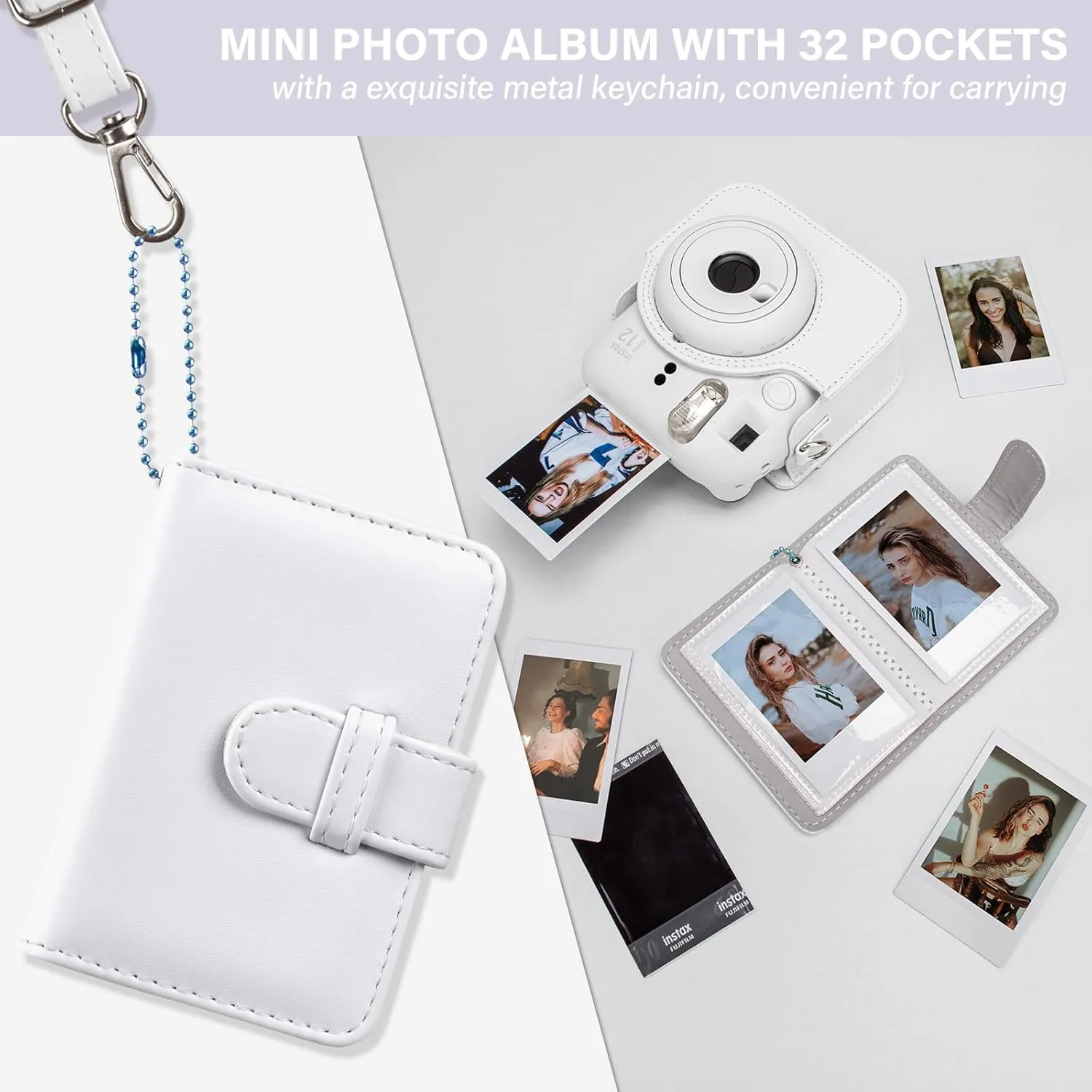Camera Case and Album Compatible with Fujifilm Instax Instant Mini 12 - Polaroid Instax 12 Mini Bag with Shoulder Strap and Keychain Photo Album - Clay White