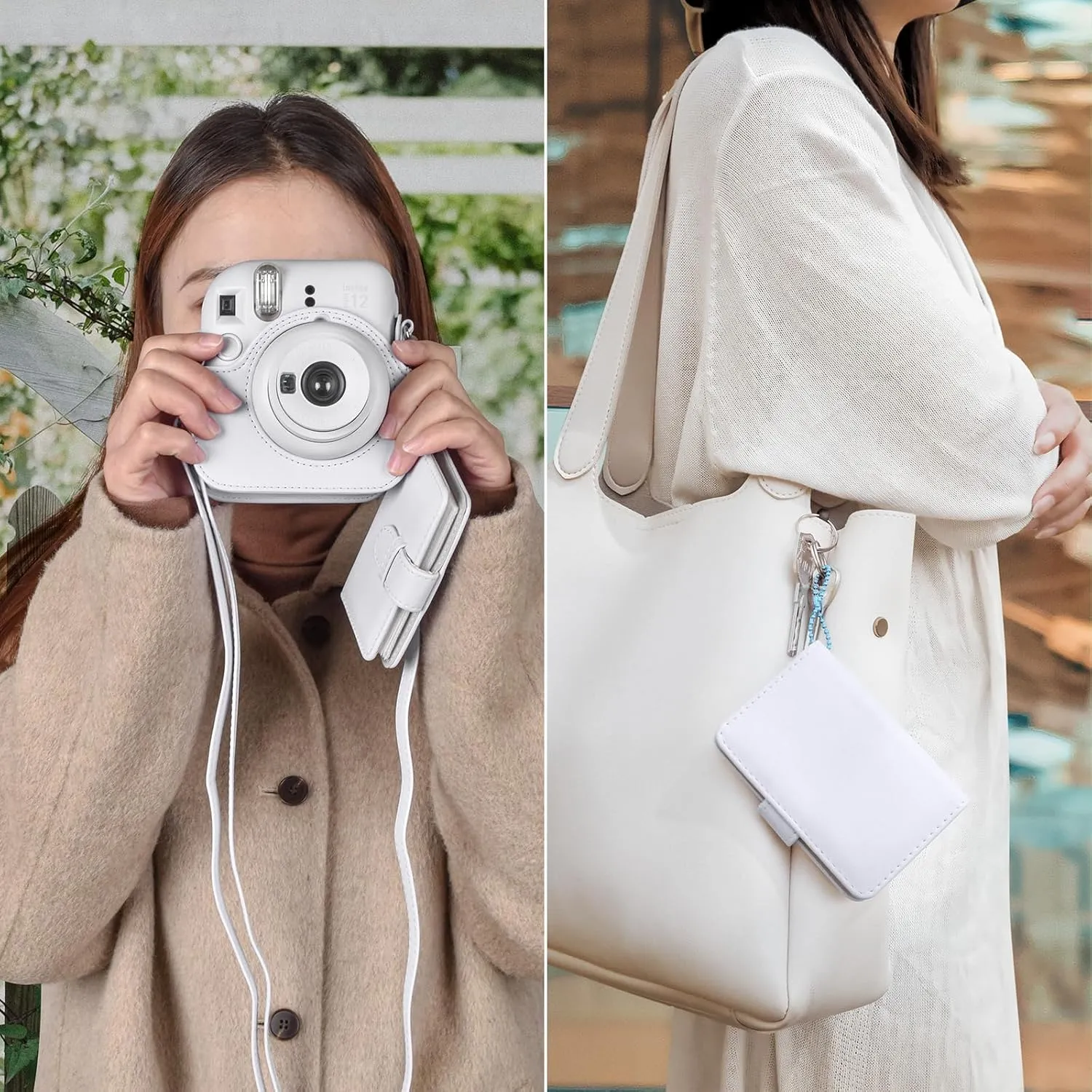 Camera Case and Album Compatible with Fujifilm Instax Instant Mini 12 - Polaroid Instax 12 Mini Bag with Shoulder Strap and Keychain Photo Album - Clay White