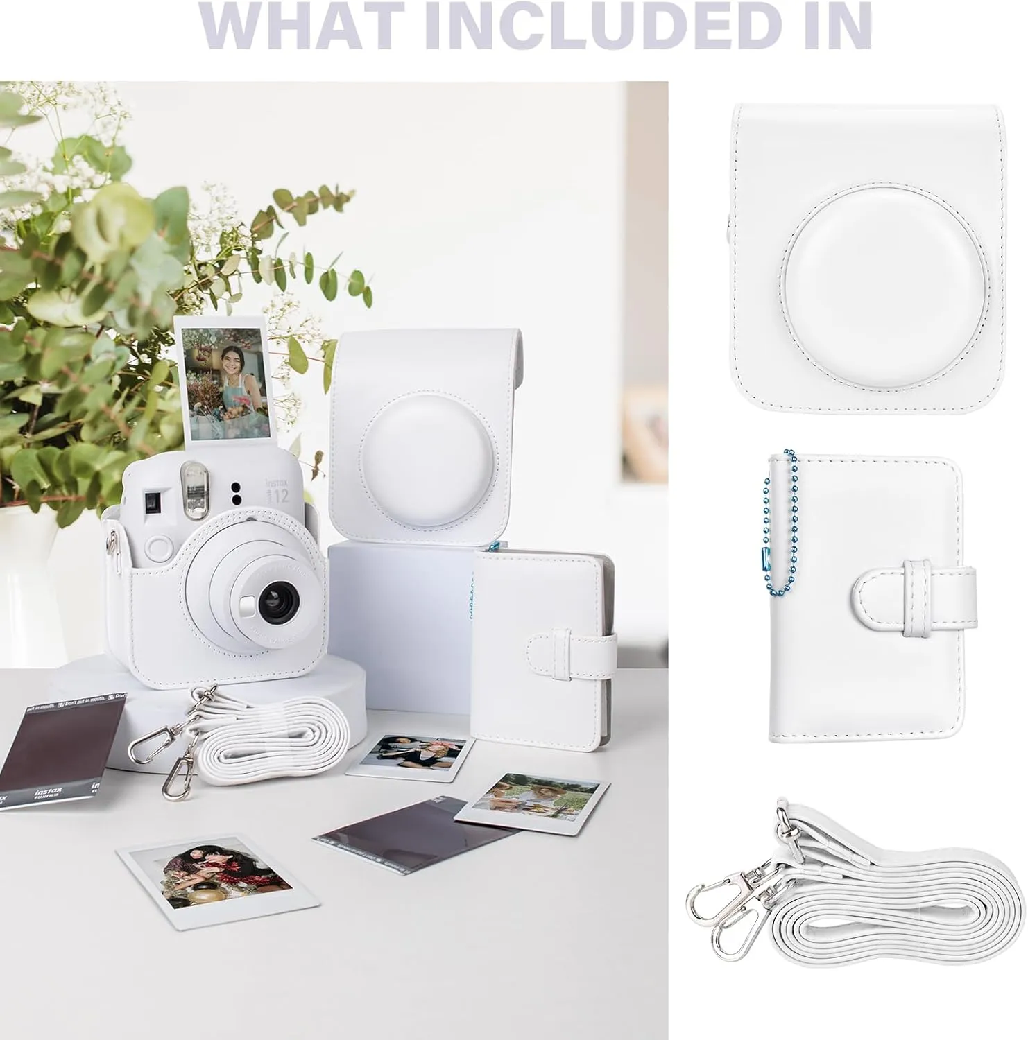Camera Case and Album Compatible with Fujifilm Instax Instant Mini 12 - Polaroid Instax 12 Mini Bag with Shoulder Strap and Keychain Photo Album - Clay White