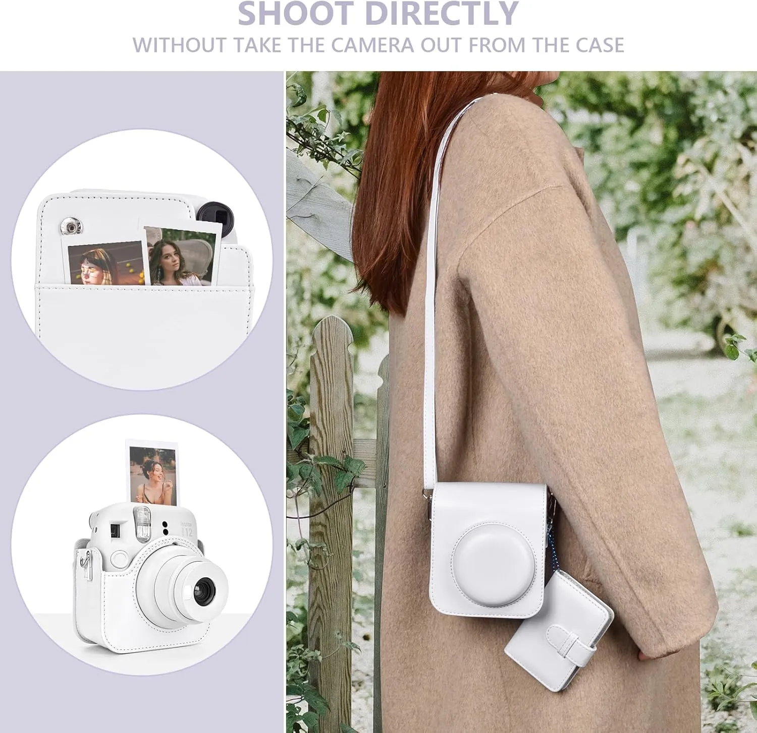 Camera Case and Album Compatible with Fujifilm Instax Instant Mini 12 - Polaroid Instax 12 Mini Bag with Shoulder Strap and Keychain Photo Album - Clay White