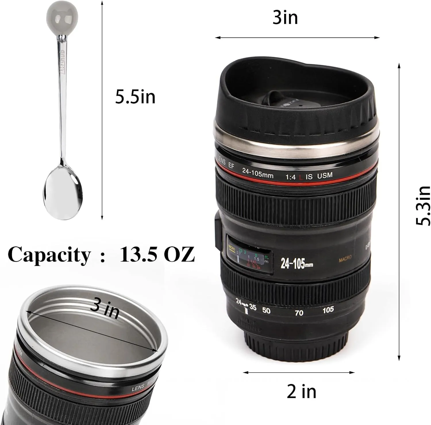Camera Lens Coffee Mug,Travel Coffee Cup,Stainless Steel Lens Mug Thermos Camera Lens Mug with Lid and Spoon,Cool Gifts for Photographers Men and Women