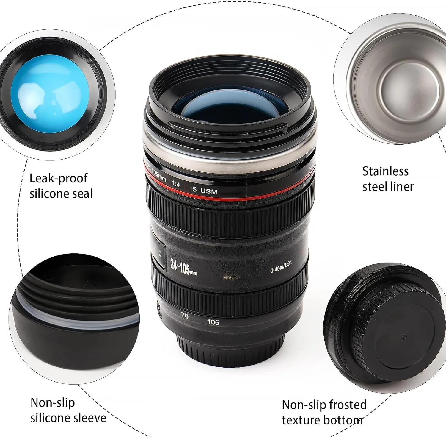 Camera Lens Coffee Mug,Travel Coffee Cup,Stainless Steel Lens Mug Thermos Camera Lens Mug with Lid and Spoon,Cool Gifts for Photographers Men and Women