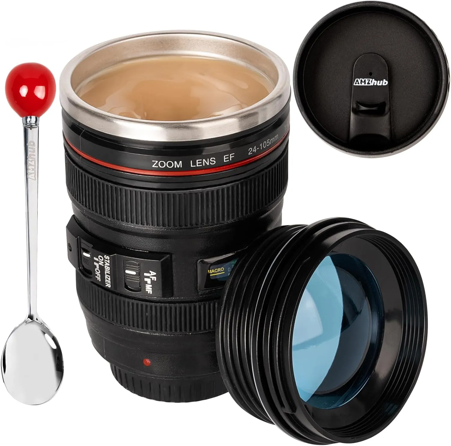 Camera Lens Coffee Mug,Travel Coffee Cup,Stainless Steel Lens Mug Thermos Camera Lens Mug with Lid and Spoon,Cool Gifts for Photographers Men and Women