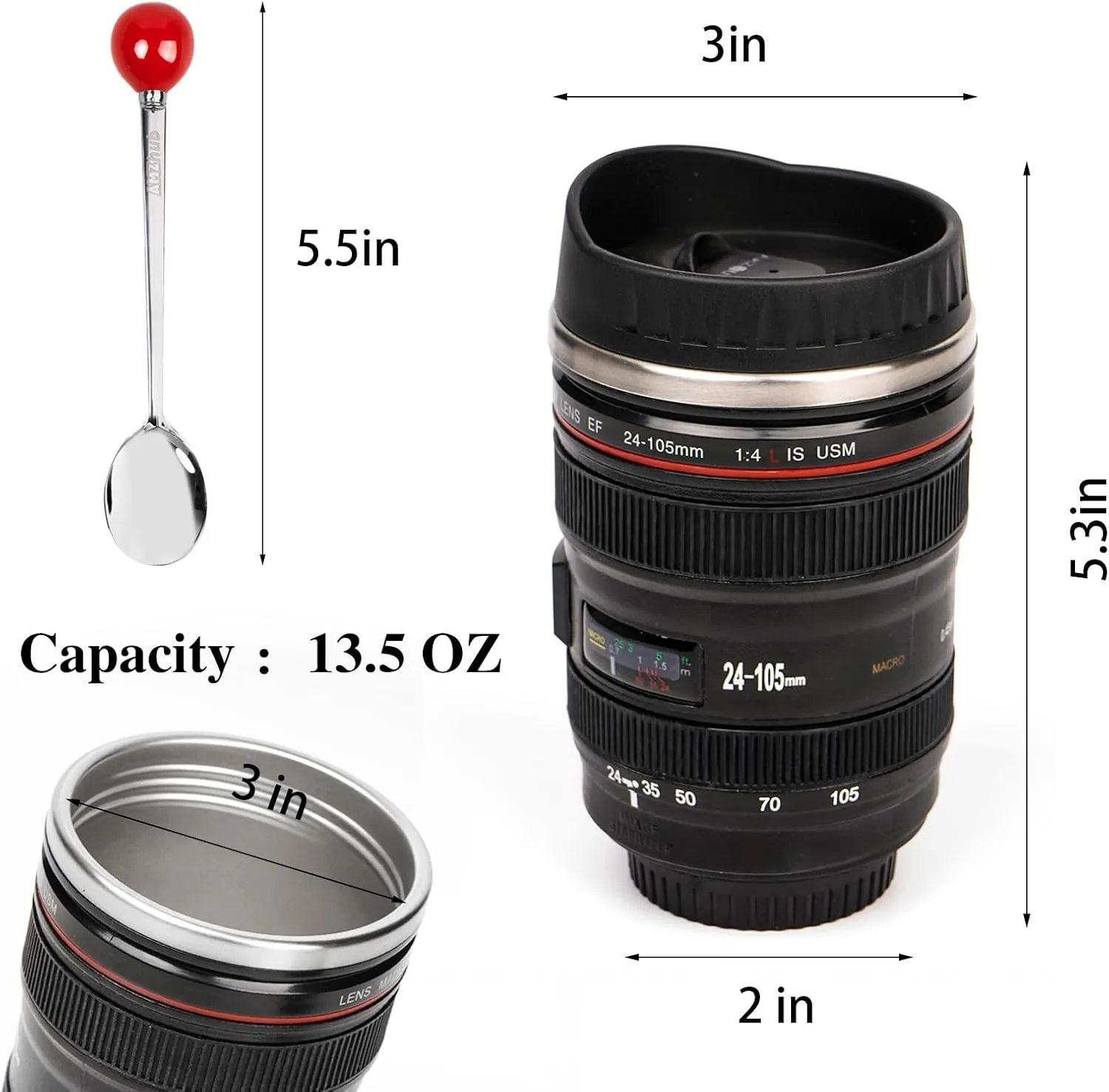 Camera Lens Coffee Mug,Travel Coffee Cup,Stainless Steel Lens Mug Thermos Camera Lens Mug with Lid and Spoon,Cool Gifts for Photographers Men and Women