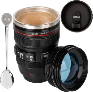 Camera Lens Coffee Mug,Travel Coffee Cup,Stainless Steel Lens Mug Thermos Camera Lens Mug with Lid and Spoon,Cool Gifts for Photographers Men and Women