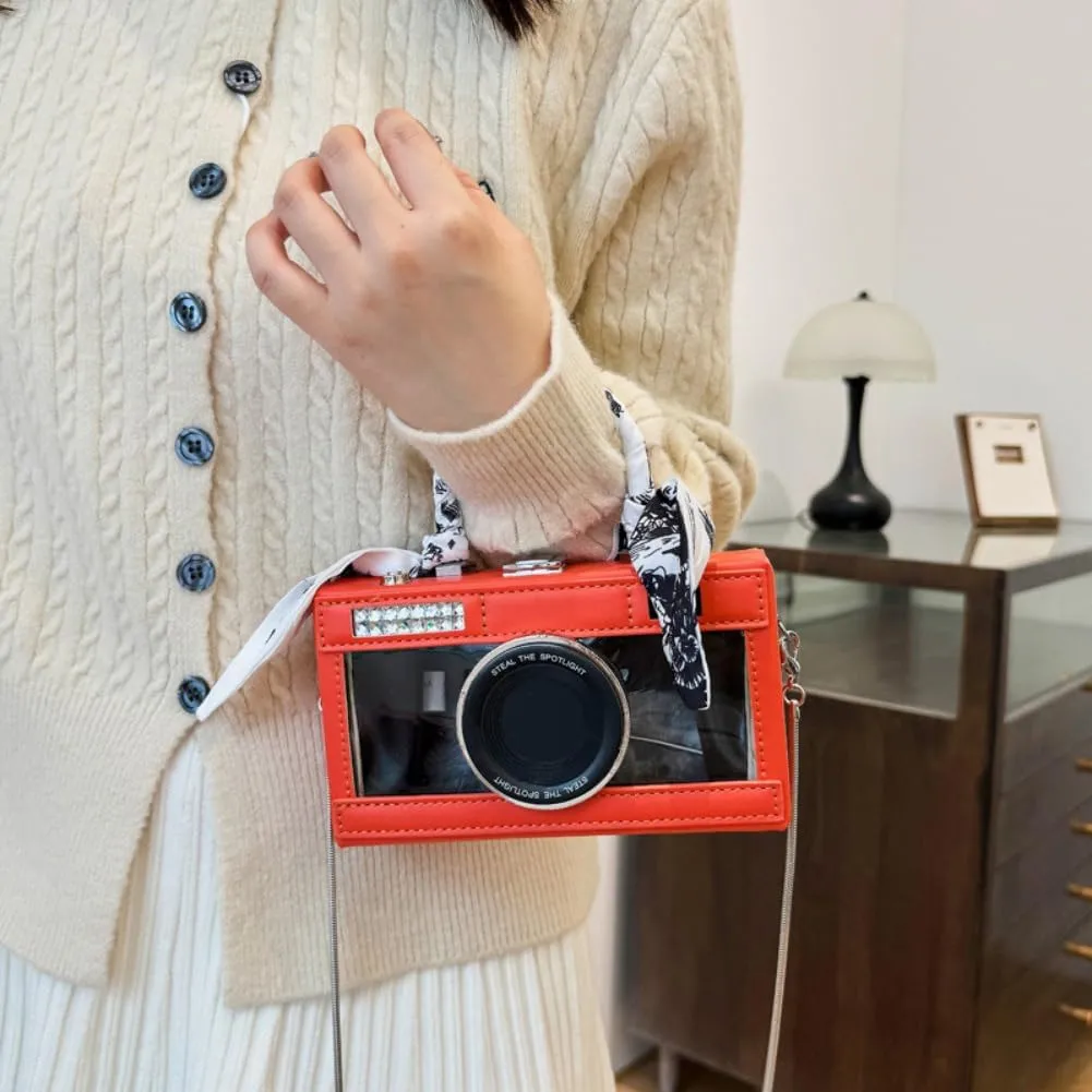 Camera Shaped Purse Handbag, PU Leather Casual Fashion Funny Snapshot Shoulder Bag, Vintage Novelty Box Crossbody Clutch