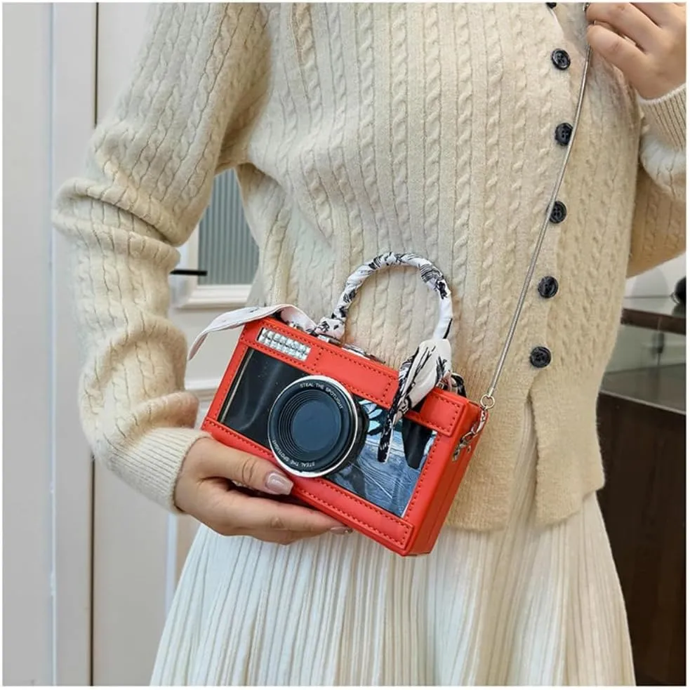 Camera Shaped Purse Handbag, PU Leather Casual Fashion Funny Snapshot Shoulder Bag, Vintage Novelty Box Crossbody Clutch