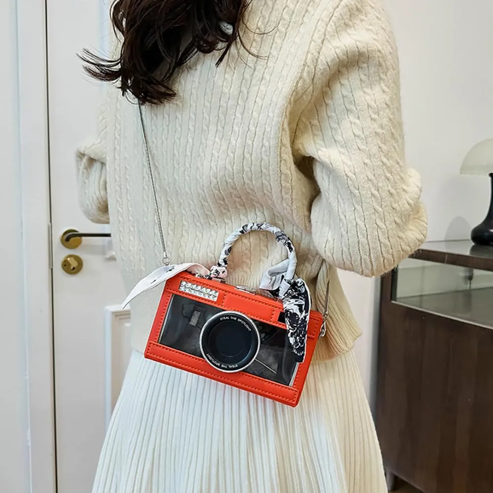 Camera Shaped Purse Handbag, PU Leather Casual Fashion Funny Snapshot Shoulder Bag, Vintage Novelty Box Crossbody Clutch