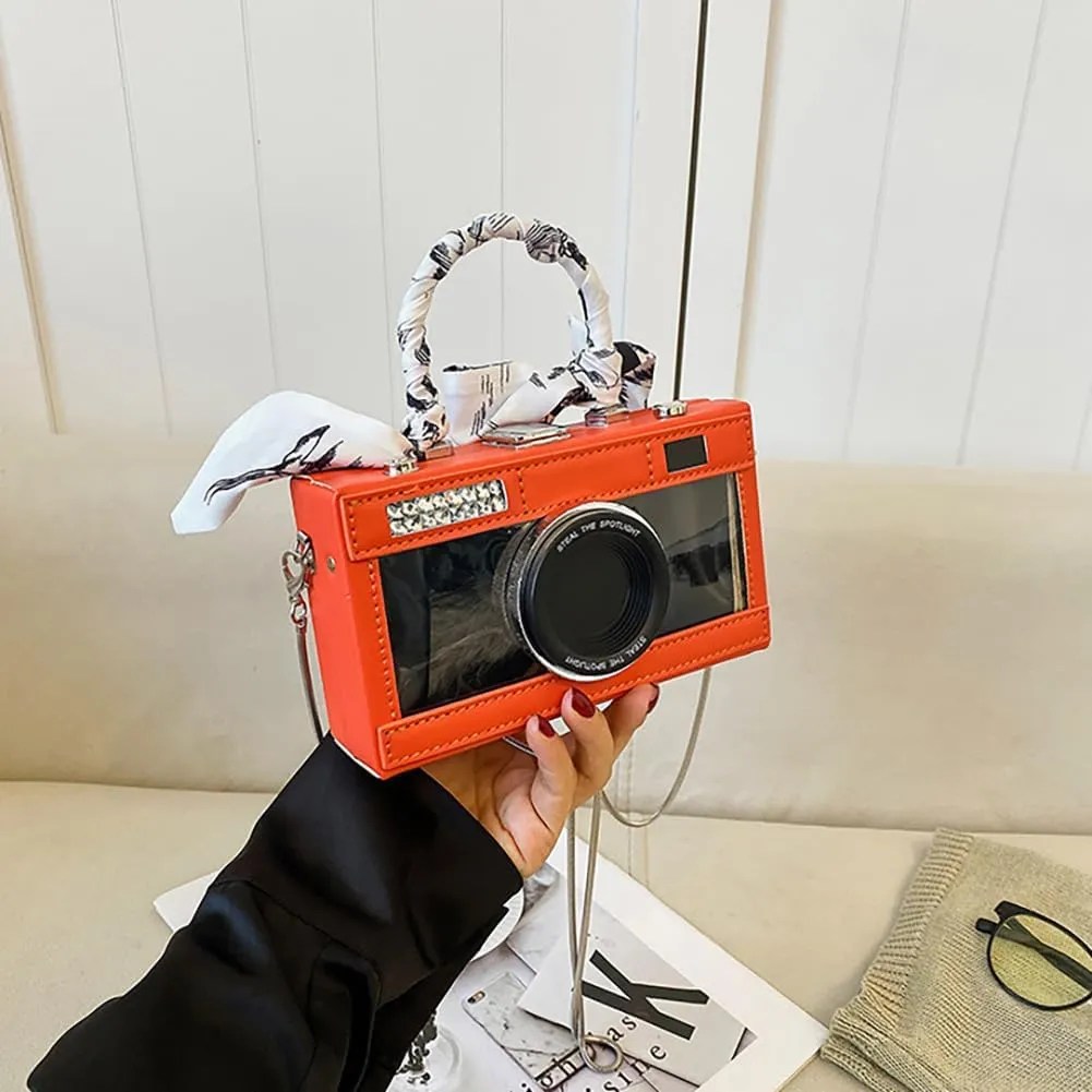 Camera Shaped Purse Handbag, PU Leather Casual Fashion Funny Snapshot Shoulder Bag, Vintage Novelty Box Crossbody Clutch