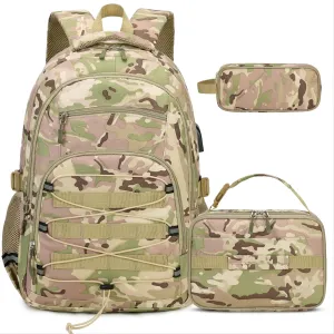 Camo Backpack for Boys, Tactical Kids Backpack Boys, School Bags for Boy Children Teens Kids Elementary Middle High School, Military Bookbag and Lunch Bag Pencil Case Set with USB Charging Port