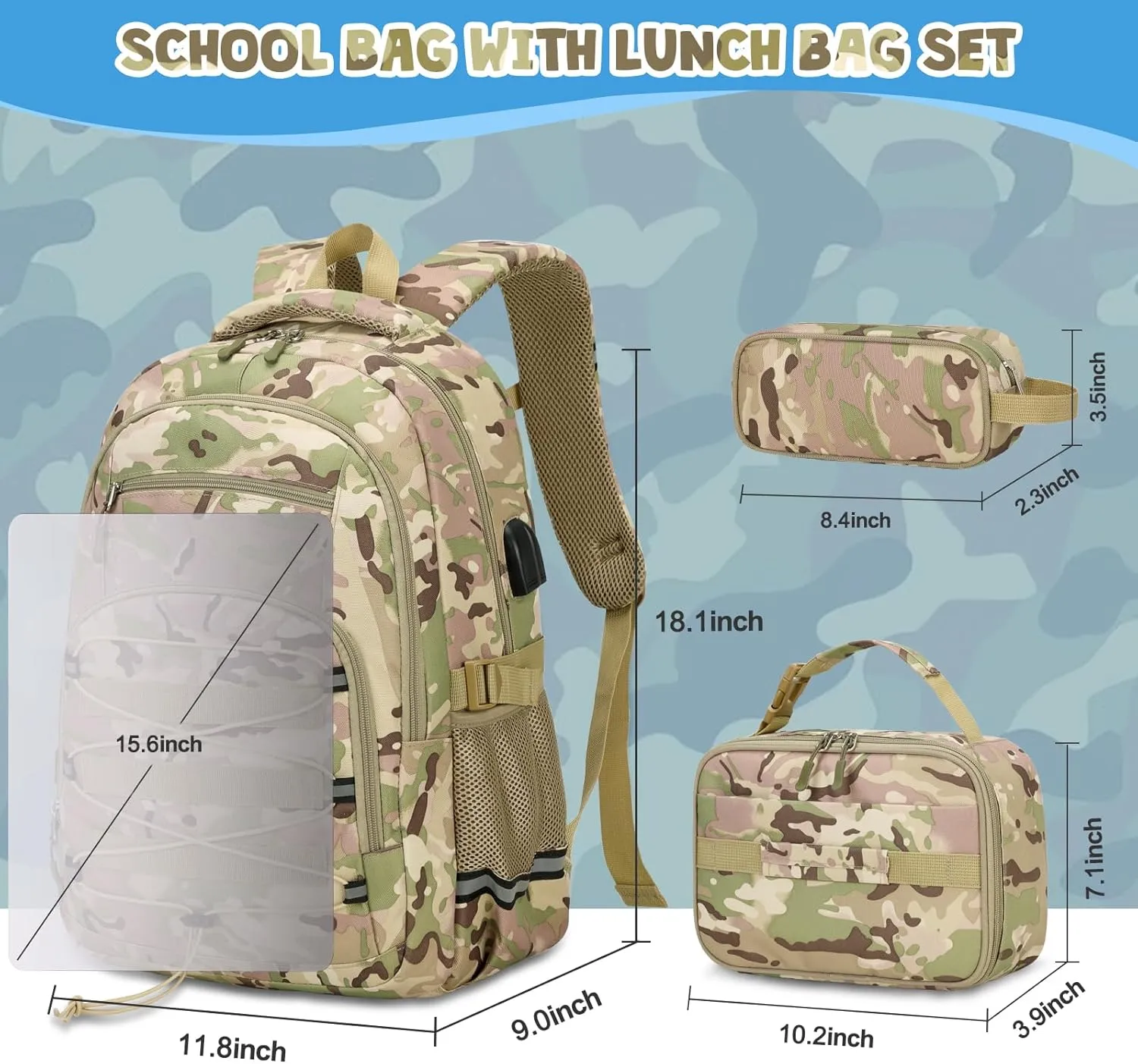 Camo Backpack for Boys, Tactical Kids Backpack Boys, School Bags for Boy Children Teens Kids Elementary Middle High School, Military Bookbag and Lunch Bag Pencil Case Set with USB Charging Port