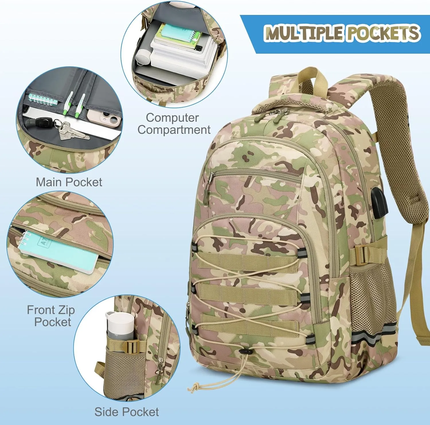 Camo Backpack for Boys, Tactical Kids Backpack Boys, School Bags for Boy Children Teens Kids Elementary Middle High School, Military Bookbag and Lunch Bag Pencil Case Set with USB Charging Port