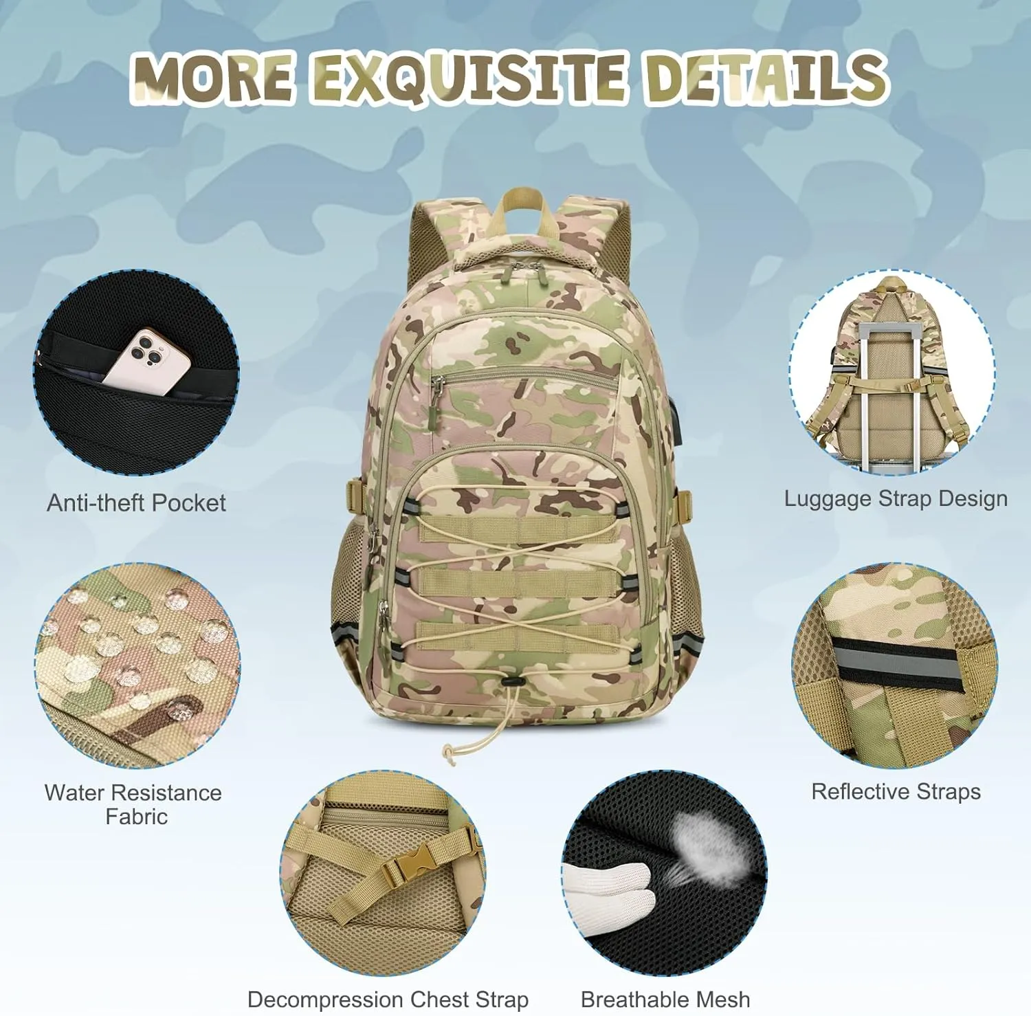 Camo Backpack for Boys, Tactical Kids Backpack Boys, School Bags for Boy Children Teens Kids Elementary Middle High School, Military Bookbag and Lunch Bag Pencil Case Set with USB Charging Port