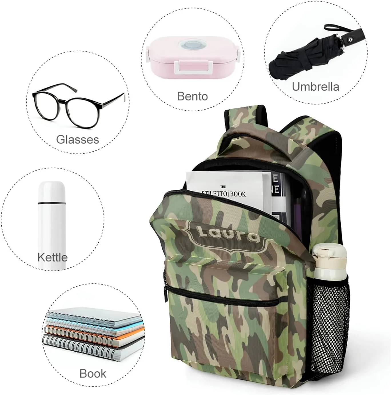 Camouflage Army and Military Backpack Personalized Name Laptop Travel Hiking Camping Daypack