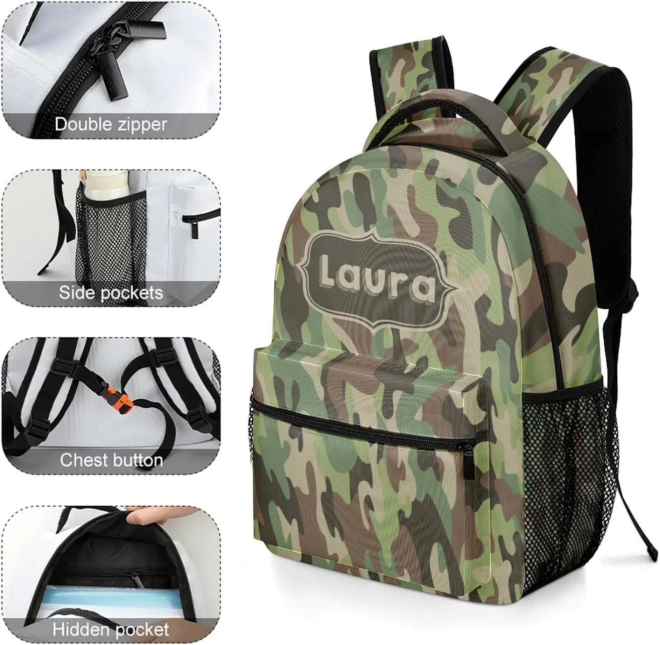 Camouflage Army and Military Backpack Personalized Name Laptop Travel Hiking Camping Daypack